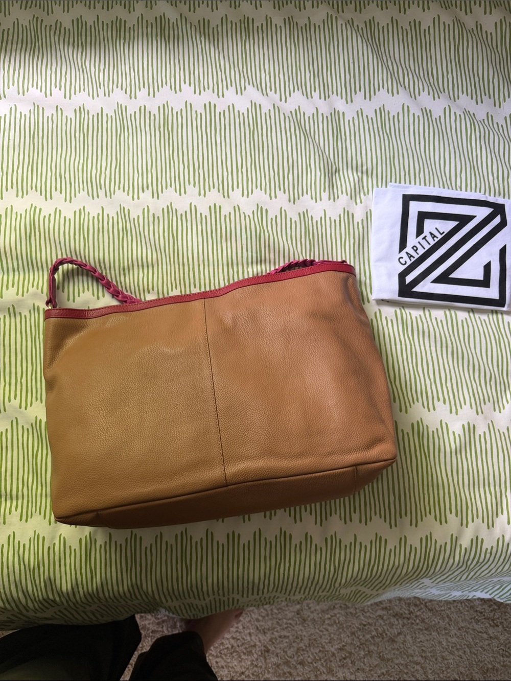 Leather Shoulder Tote in Tan with Pink Trim